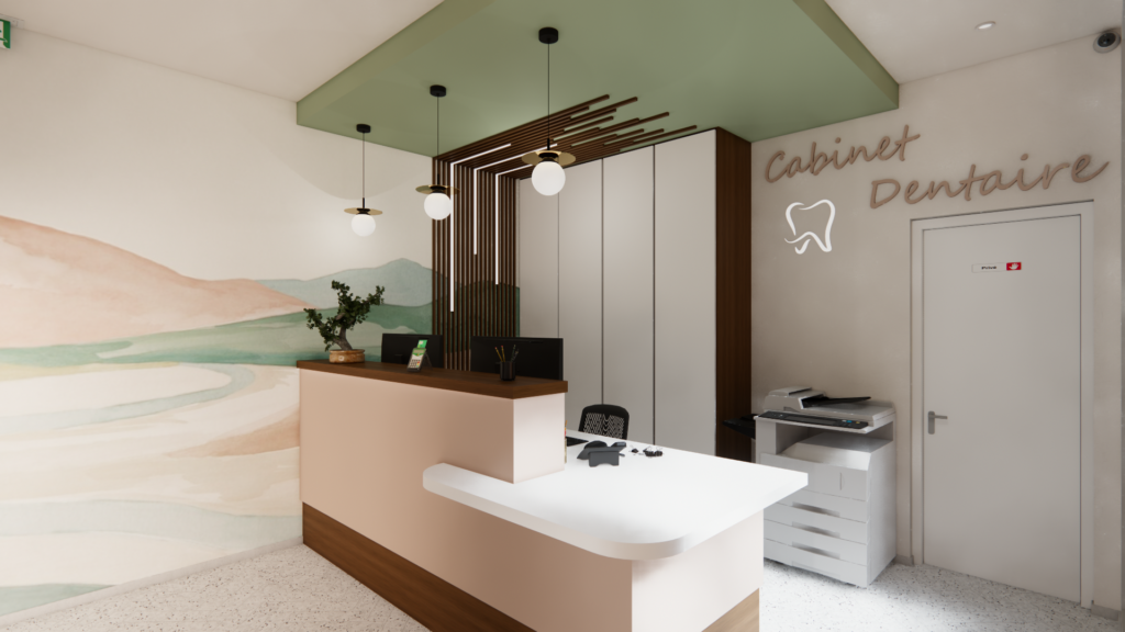 Rendu 3D photoréaliste de l’accueil d’un cabinet dentaire avec comptoir, éclairage soigné et ambiance apaisante