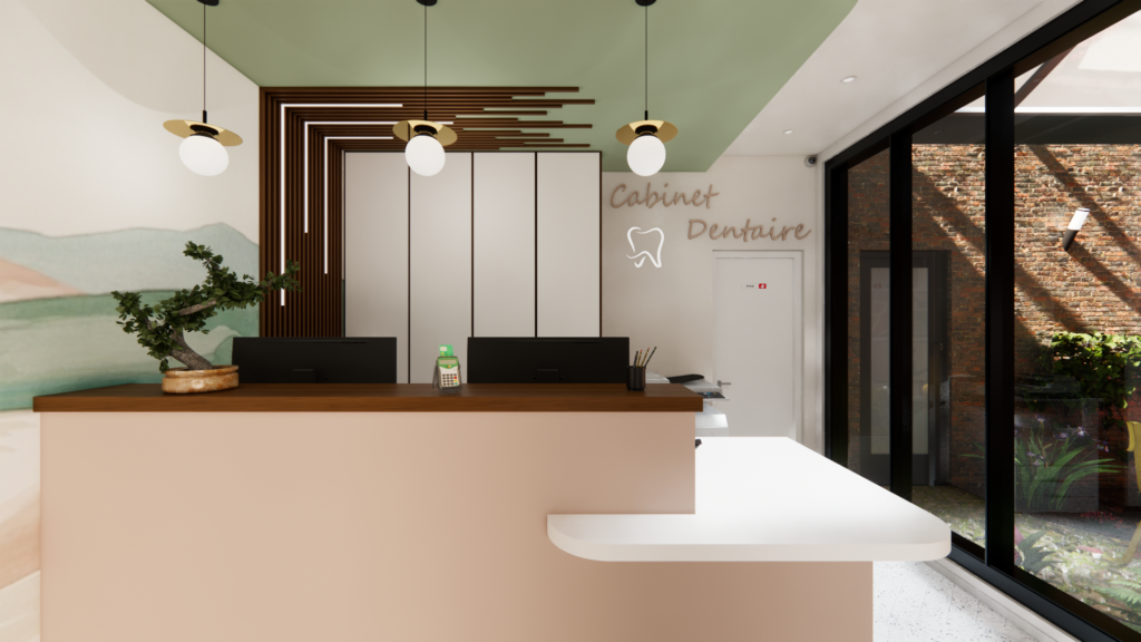 Rendu 3D photoréaliste de l’accueil d’un cabinet dentaire, avec comptoir sur mesure, identité visuelle intégrée et patio intérieur végétalisé