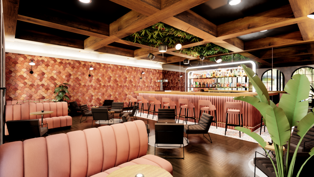 Rendu 3D photoréaliste d’un bar de restaurant avec comptoir design, éclairage d’ambiance et aménagement tertiaire