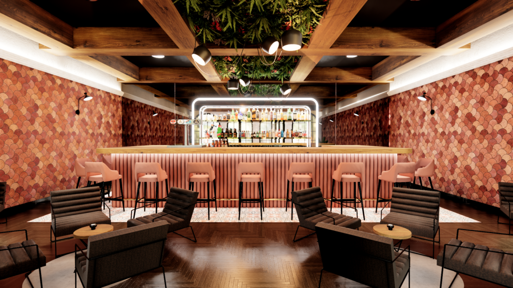 Rendu 3D photoréaliste d’un bar de restaurant, vue frontale, avec comptoir central, assises hautes et éclairage d’ambiance