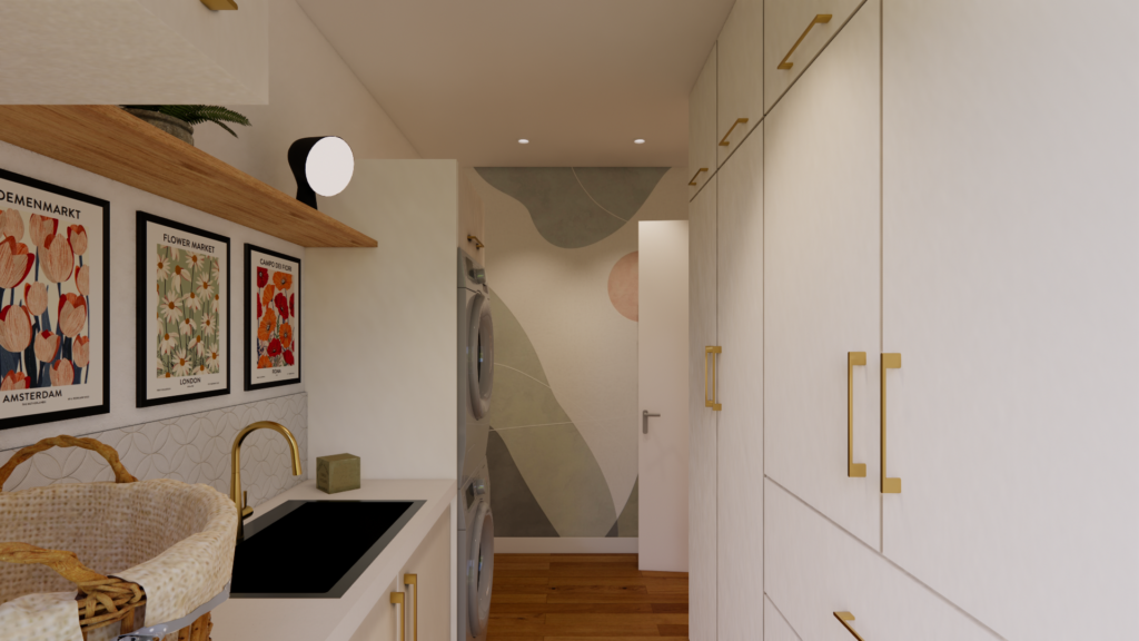 Rendu 3D photoréaliste d’une buanderie aménagée avec rangements sur mesure, électroménager intégré et plan de travail