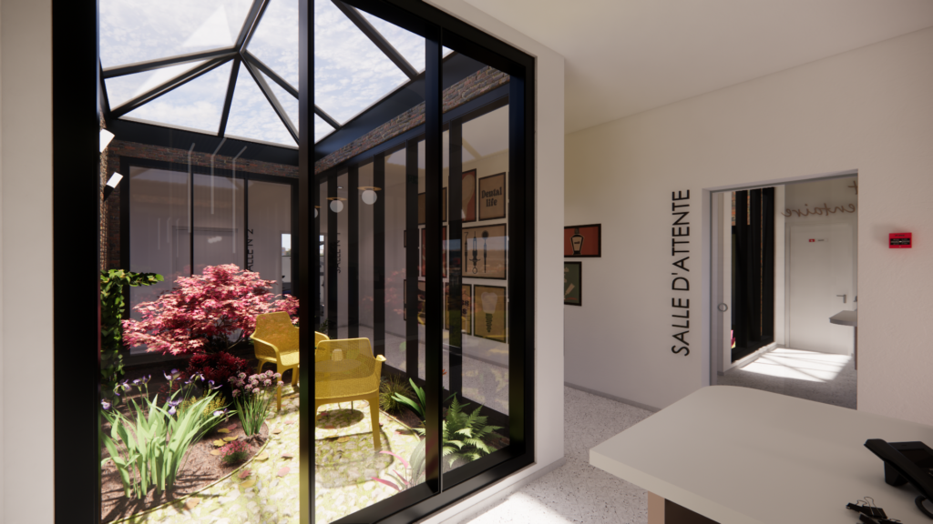 Rendu 3D photoréaliste d’un cabinet dentaire avec patio intérieur végétalisé, illustrant un projet d’aménagement professionnel