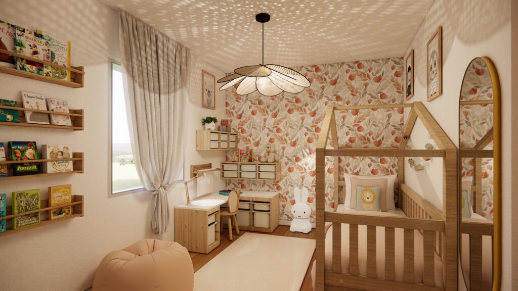 Rendu 3D photoréaliste d’une chambre d’enfant avec mobilier en bois, espace bureau et ambiance douce