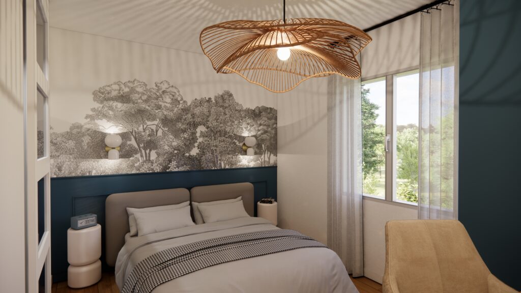 Rendu 3D photoréaliste d’une chambre parentale avec tête de lit, papier peint décoratif et ambiance apaisante