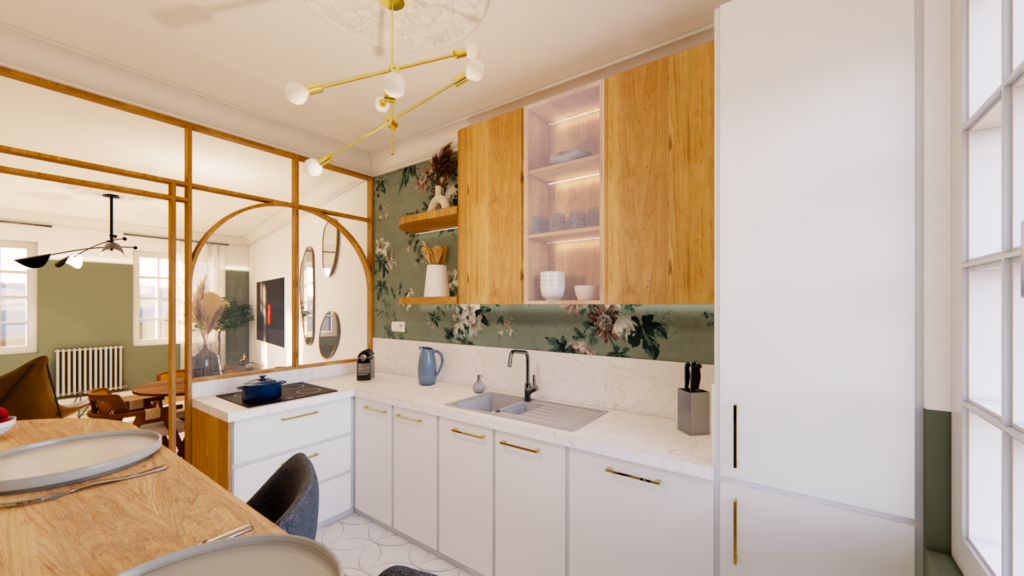 Rendu 3D photoréaliste d’une cuisine contemporaine avec meubles blancs et bois, plan de travail clair et verrière intérieure