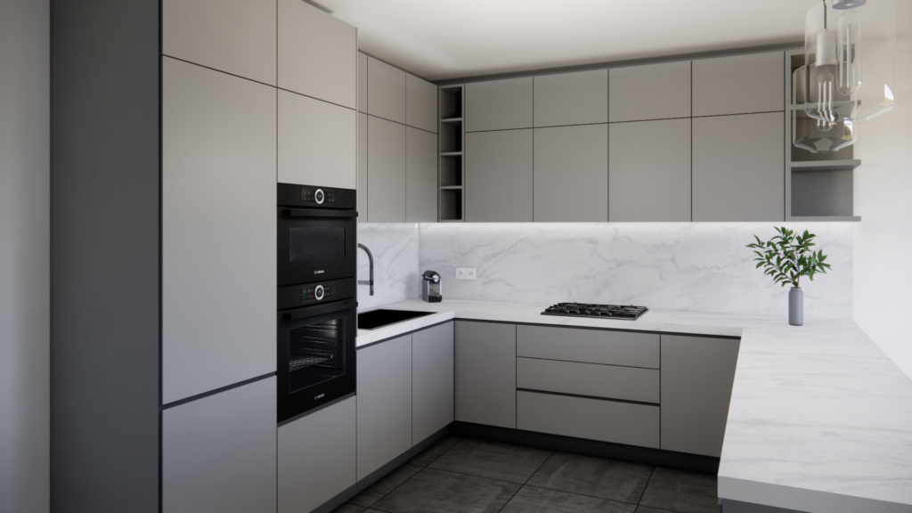 cuisine contemporaine haut de gamme en visualisation 3d photoréaliste, conçus par Partenaire 3d par Élise Gormond