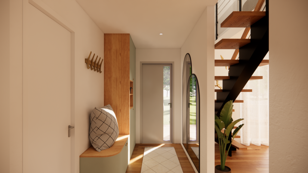 Rendu 3D photoréaliste d’une entrée de maison avec rangements sur mesure, assise intégrée et escalier design