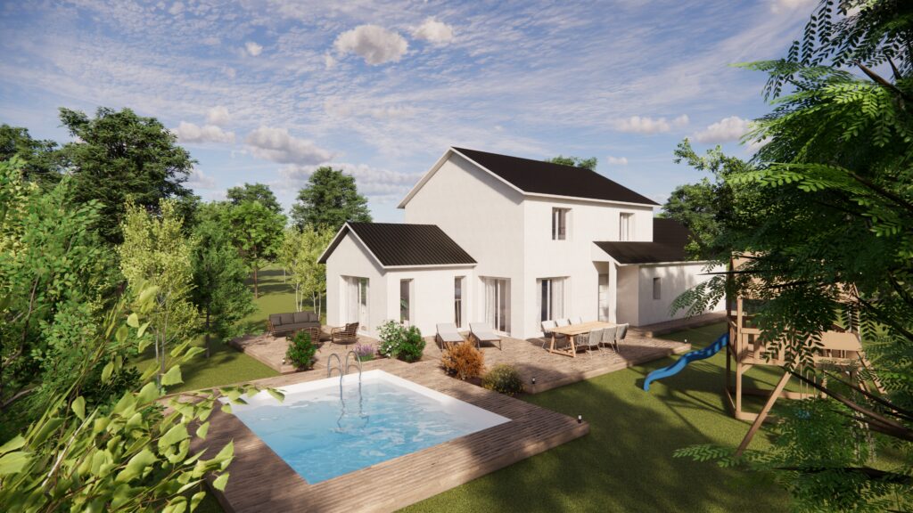 Vue extérieure 3D photoréaliste d’une maison individuelle contemporaine avec terrasse bois, piscine et jardin paysager