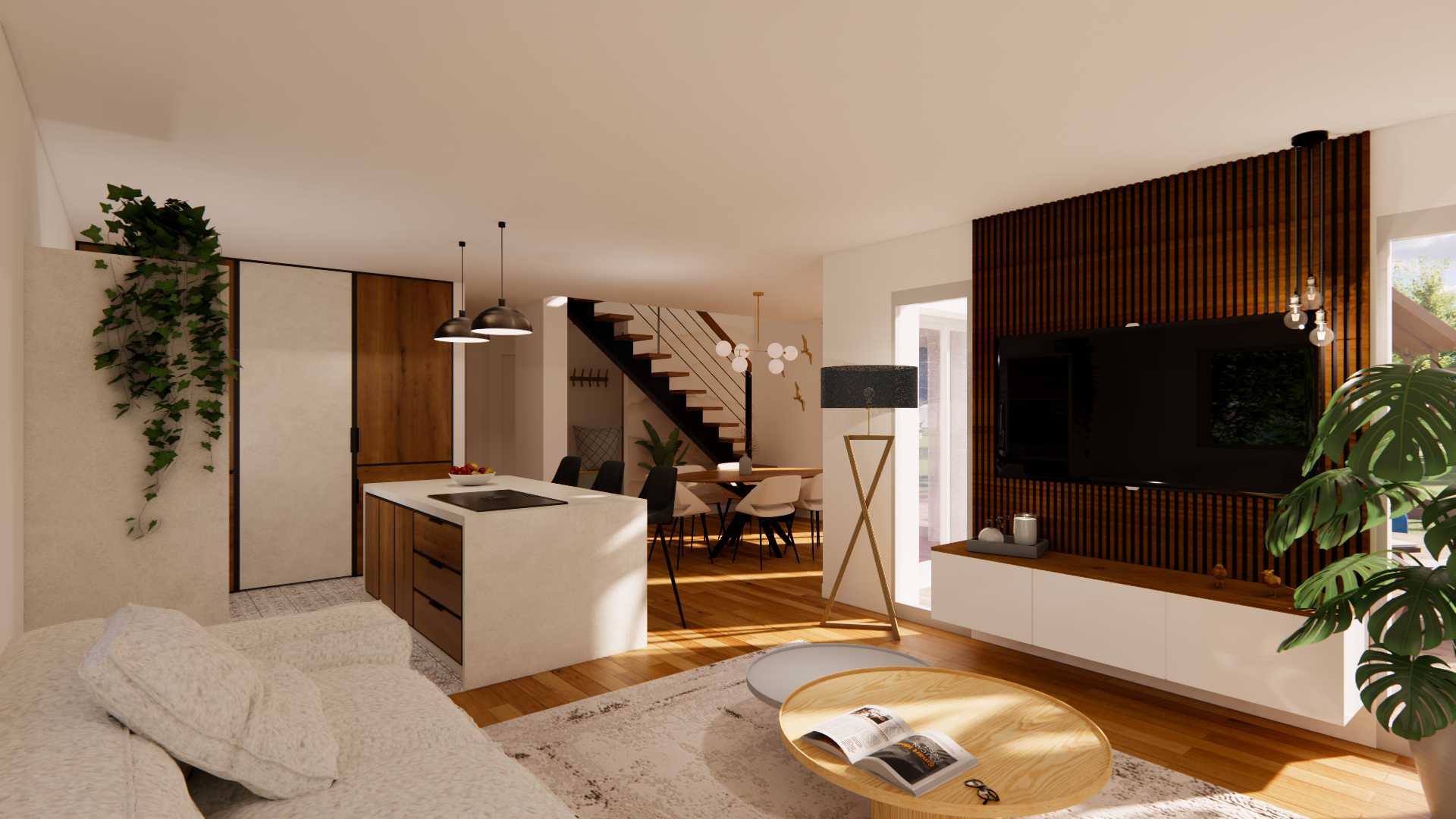 Rendu 3D photoréaliste d’une pièce de vie contemporaine avec cuisine ouverte, îlot central, séjour et escalier design