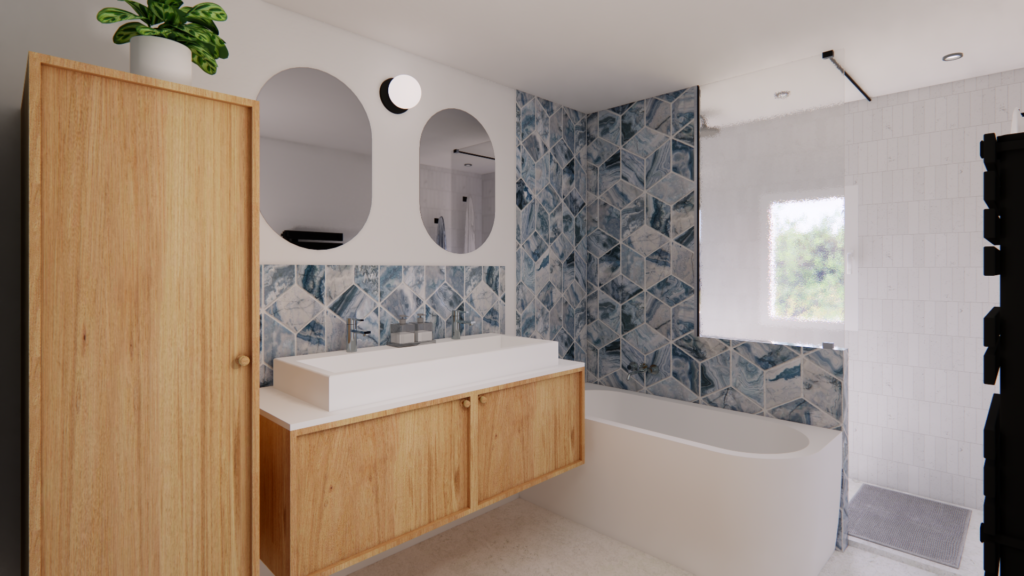Salle de bain contemporaine avec meuble vasque en bois, baignoire îlot et carrelage bleu, réalisée en visualisation 3D photoréaliste