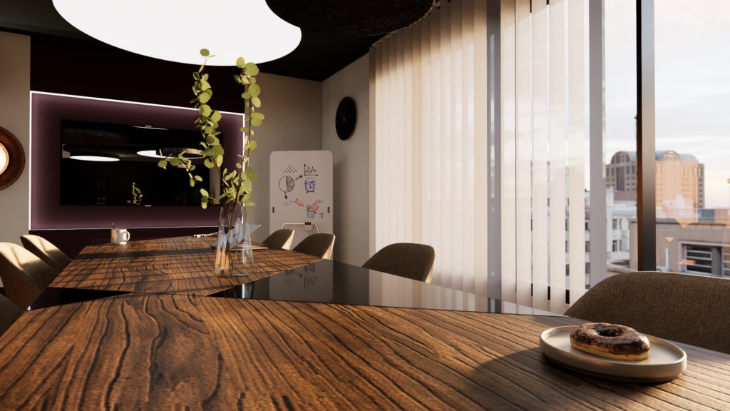 Rendu 3D photoréaliste d’une salle de réunion contemporaine avec table en bois, assises professionnelles et lumière naturelle