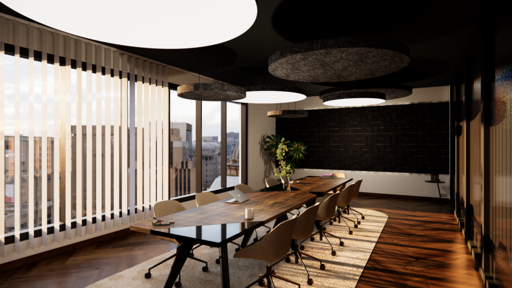 Rendu 3D photoréaliste d’une salle de réunion de bureaux avec table de conférence, éclairage acoustique et vue urbaine