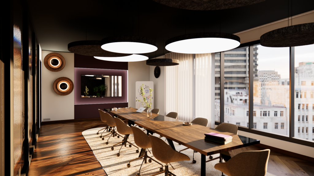 Rendu 3D photoréaliste d’une salle de réunion directionnelle avec grande table, éclairage acoustique et vue sur la ville