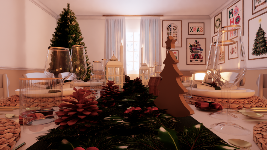 Rendu 3D photoréaliste d’un détail de table de Noël avec décoration festive, vaisselle et centre de table scénographié