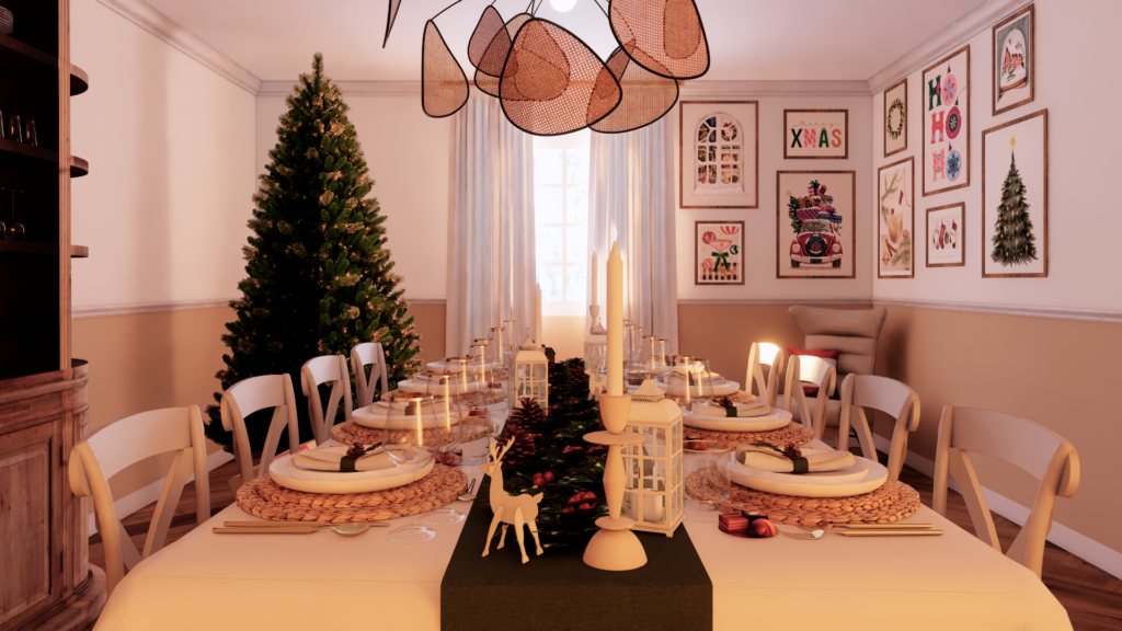 Rendu 3D photoréaliste d’une scénographie de table de Noël avec mise en scène festive et décoration immersive