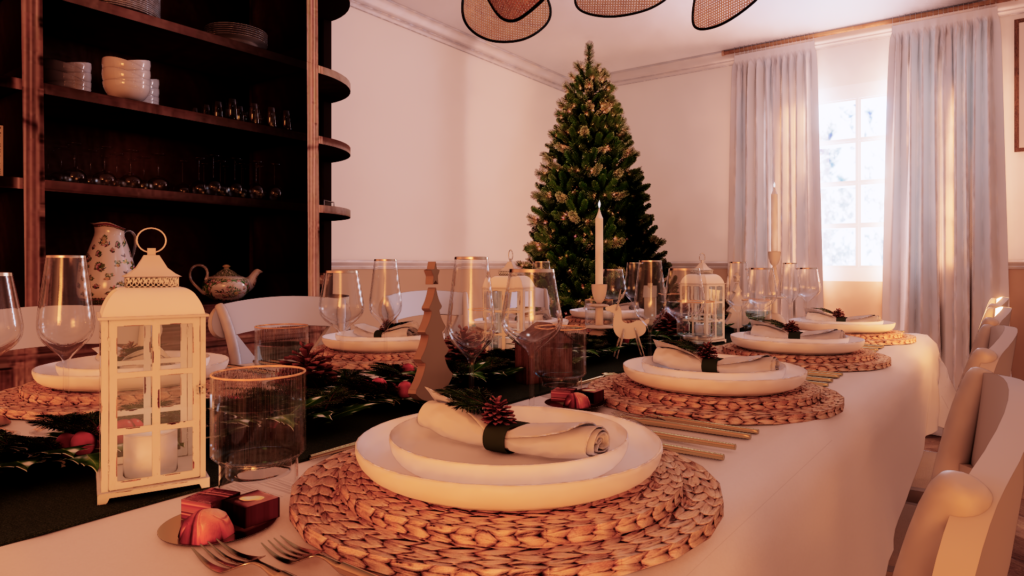 Rendu 3D photoréaliste d’une table de Noël scénographiée avec vaisselle, décoration festive et ambiance chaleureuse