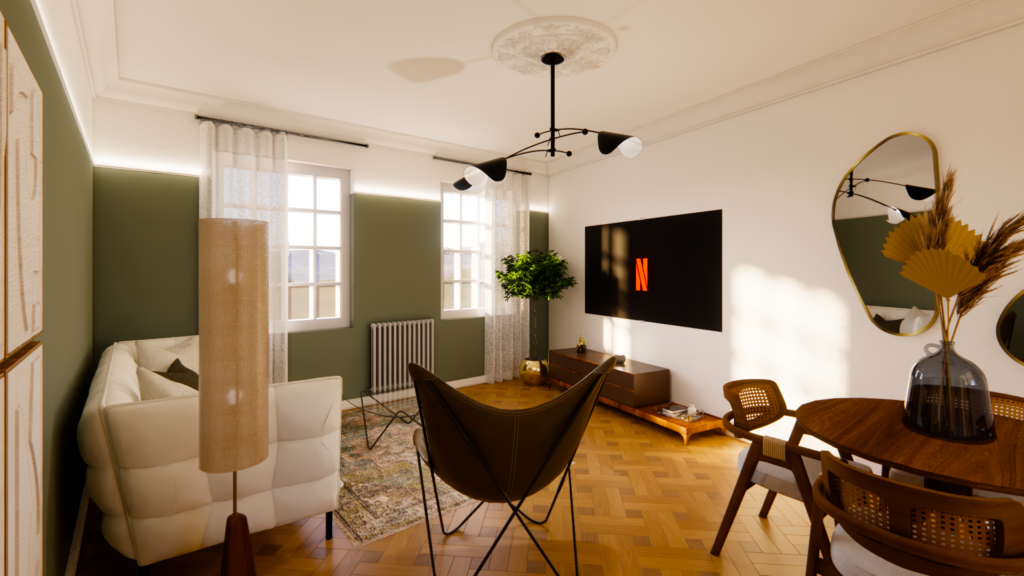 Rendu 3D photoréaliste d’un séjour avec salon et espace repas, mobilier contemporain, parquet en bois et ambiance chaleureuse