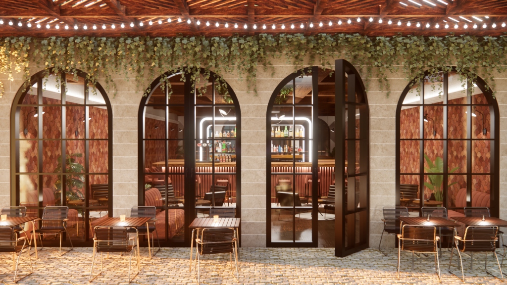 Rendu 3D photoréaliste de la terrasse extérieure d’un bar-restaurant, avec arches vitrées, mobilier de terrasse et ambiance chaleureuse