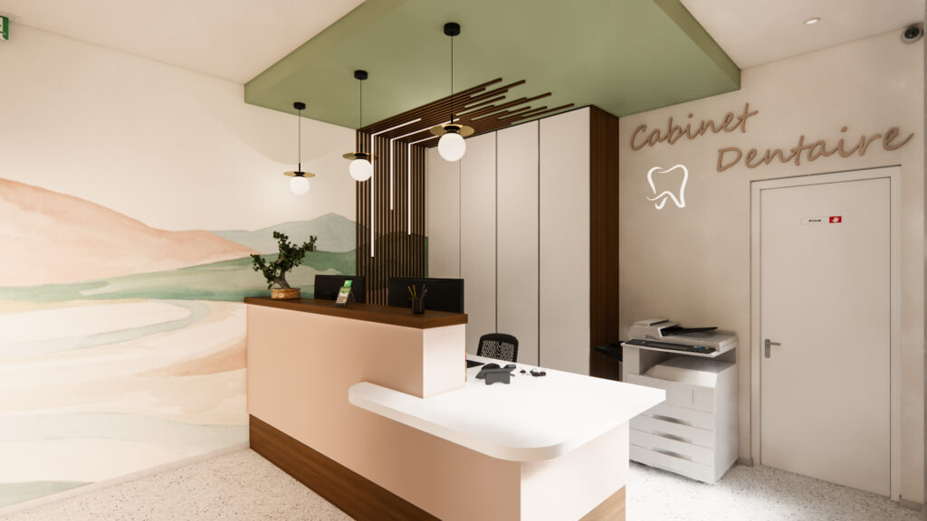 Rendu 3D photoréaliste de l’accueil d’un cabinet dentaire avec banque d’accueil sur mesure, mobilier intégré, éclairage suspendu et signalétique murale.