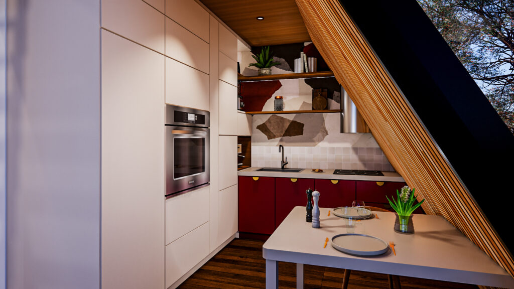 cuisine compacte sous pente – logement insolite type a frame