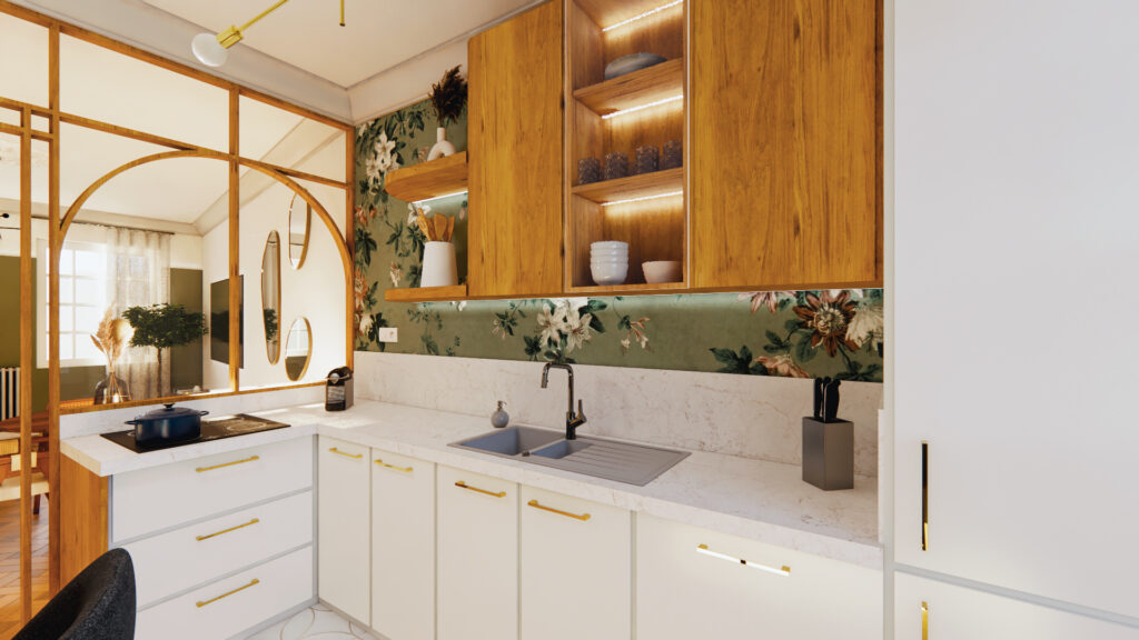 Rendu 3D photoréaliste d’une cuisine ouverte avec verrière bois, meubles blancs et bois, rangements sur mesure, crédence décorative et éclairage intégré.