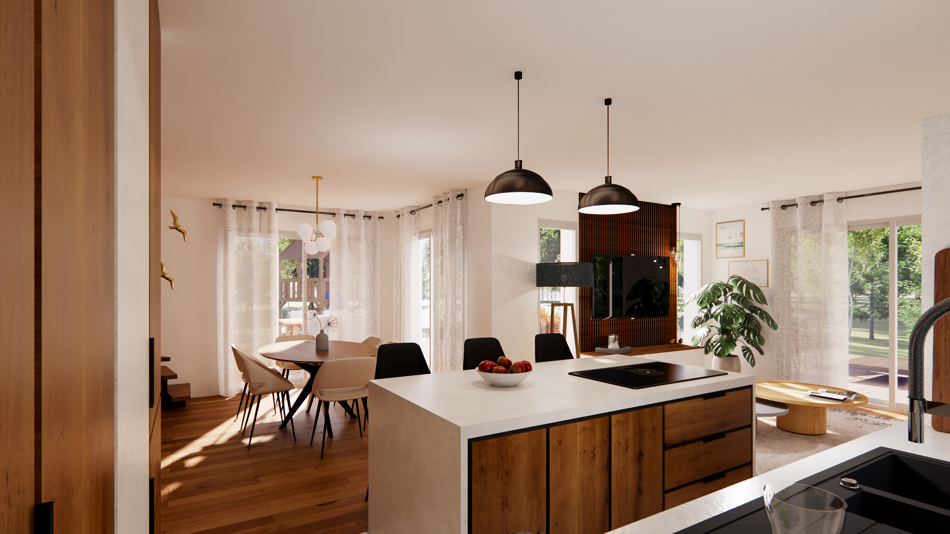 Rendu 3D photoréaliste d’une pièce de vie ouverte avec cuisine à îlot central, salle à manger, séjour, grandes baies vitrées et mobilier contemporain.