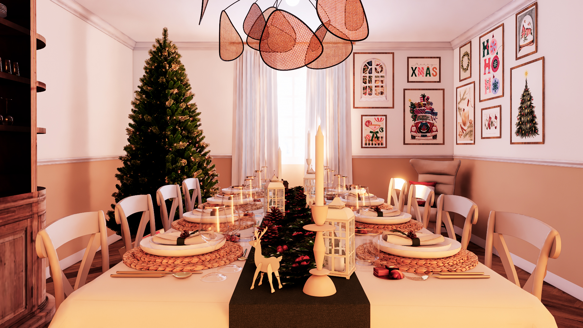 scénographie de table de noël – salle à manger festive et chaleureuse