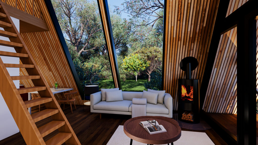 Rendu 3D photoréaliste d’un séjour de tiny house avec structure bois apparente, grandes ouvertures vitrées sur la nature, poêle à bois et escalier menant à la mezzanine.