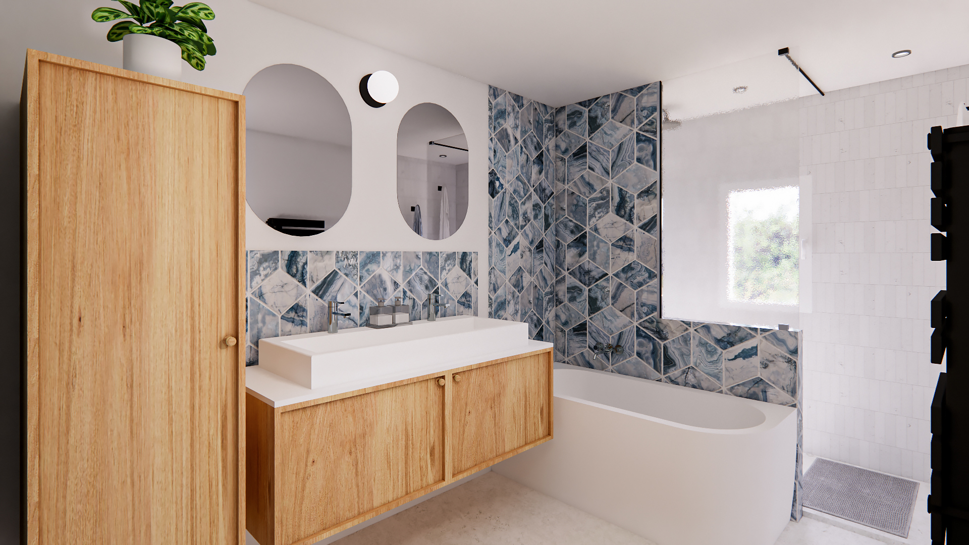 salle de bain contemporaine – bois naturel et carreaux bleus graphiques