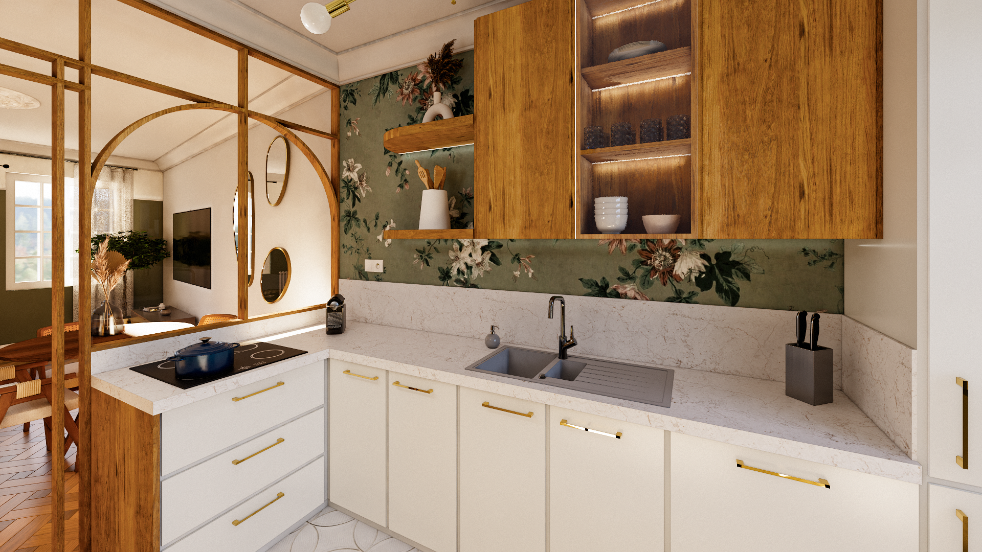 cuisine retro chic bois verriere papier peint floral.jpg